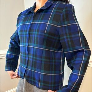 Vntage Blue Eclectic Retro Indie Plaid Grunge Urban Chic Wool ZipUp Blazer Small